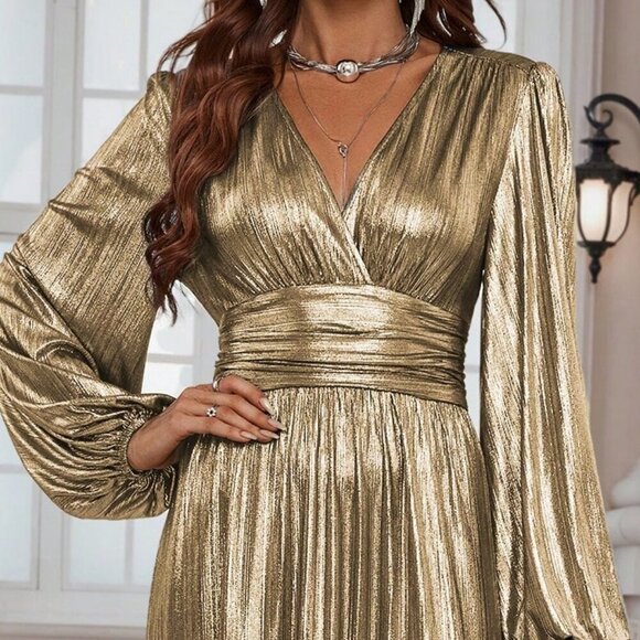 Gold Party Women's Metallic Textured Lantern Sleeve Split Hem maxi Dress - Picture 7 of 7